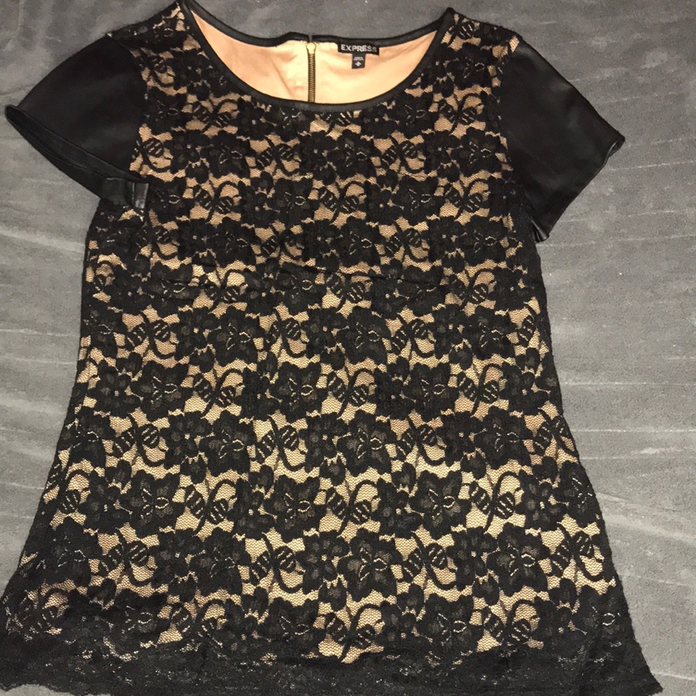 Express lace top with leather sleeves